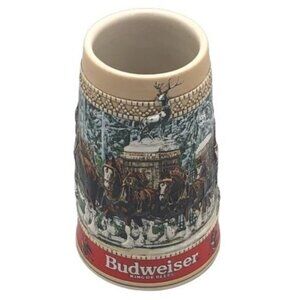 Budweiser clydesdales Christmas collector mug stine 6.5" horse wagon brown READ